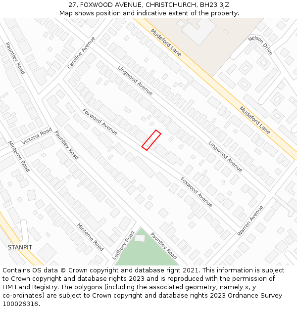 27, FOXWOOD AVENUE, CHRISTCHURCH, BH23 3JZ: Location map and indicative extent of plot