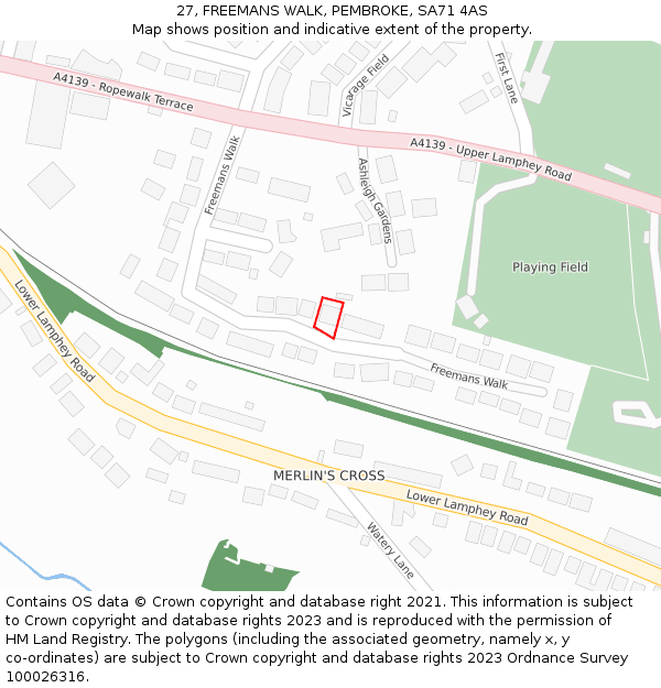 27, FREEMANS WALK, PEMBROKE, SA71 4AS: Location map and indicative extent of plot