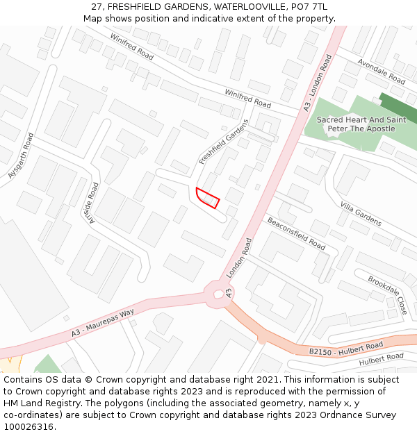 27, FRESHFIELD GARDENS, WATERLOOVILLE, PO7 7TL: Location map and indicative extent of plot