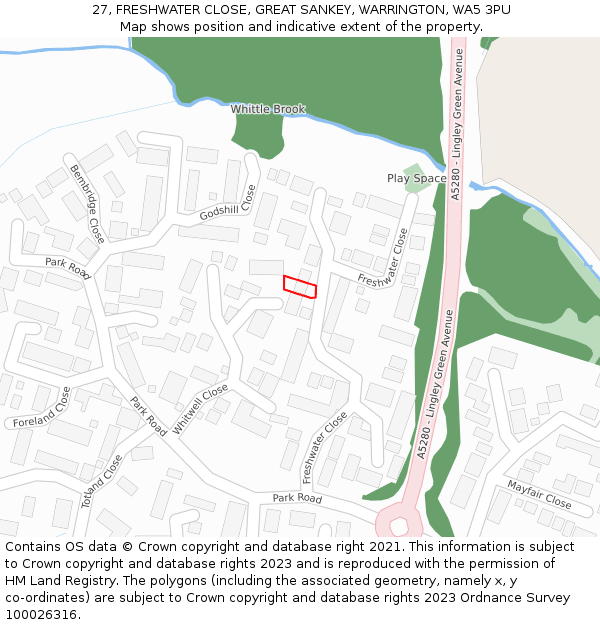 27, FRESHWATER CLOSE, GREAT SANKEY, WARRINGTON, WA5 3PU: Location map and indicative extent of plot