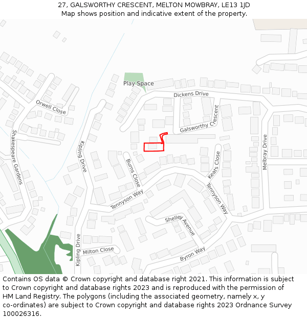 27, GALSWORTHY CRESCENT, MELTON MOWBRAY, LE13 1JD: Location map and indicative extent of plot