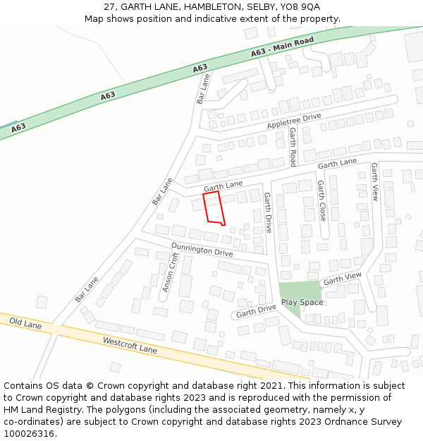 27, GARTH LANE, HAMBLETON, SELBY, YO8 9QA: Location map and indicative extent of plot