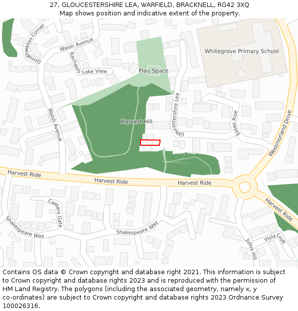 27, GLOUCESTERSHIRE LEA, WARFIELD, BRACKNELL, RG42 3XQ: Location map and indicative extent of plot