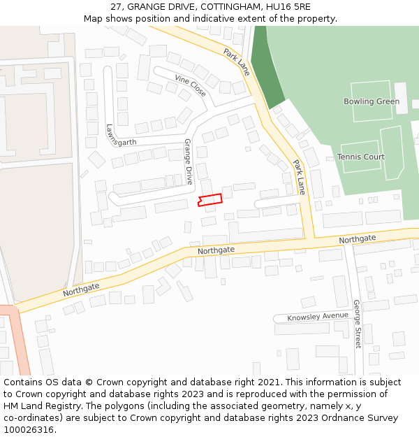 27, GRANGE DRIVE, COTTINGHAM, HU16 5RE: Location map and indicative extent of plot