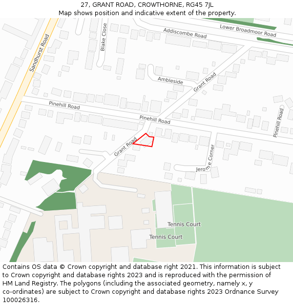 27, GRANT ROAD, CROWTHORNE, RG45 7JL: Location map and indicative extent of plot