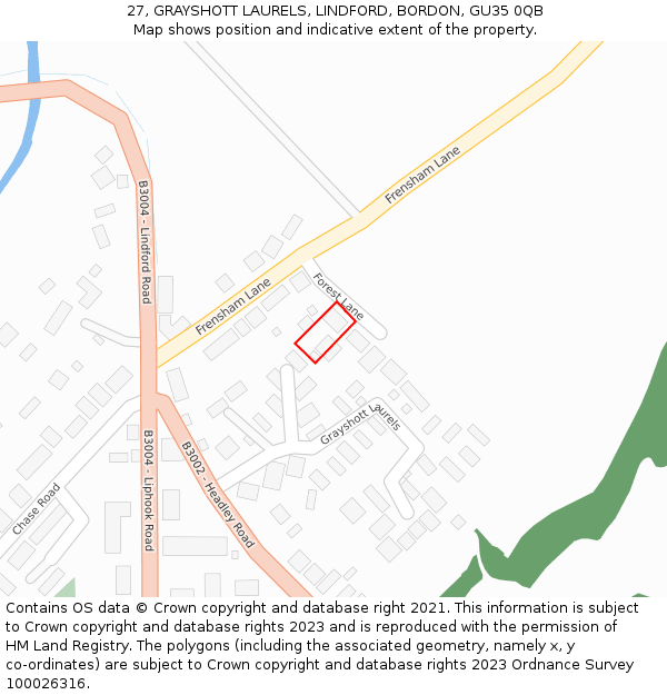 27, GRAYSHOTT LAURELS, LINDFORD, BORDON, GU35 0QB: Location map and indicative extent of plot