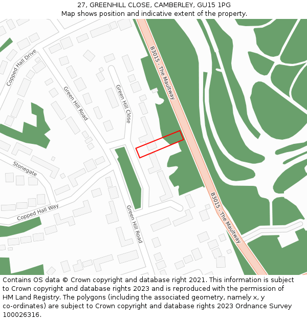 27, GREENHILL CLOSE, CAMBERLEY, GU15 1PG: Location map and indicative extent of plot