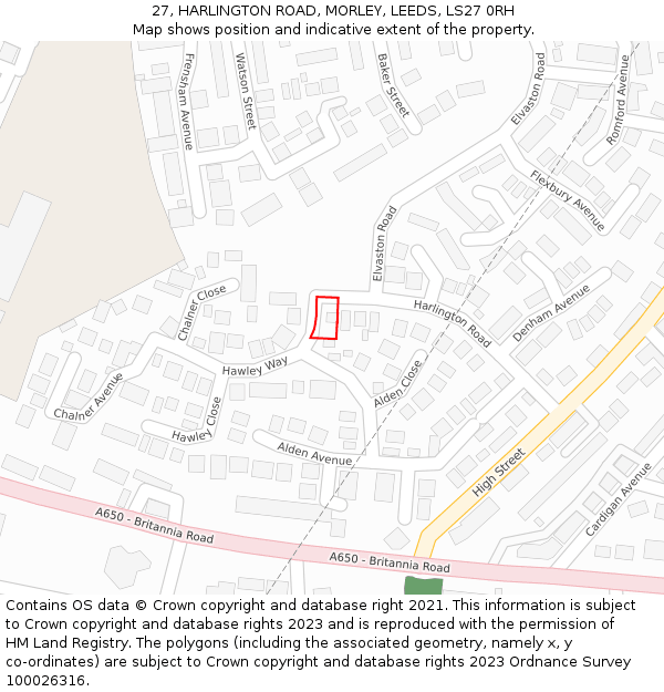 27, HARLINGTON ROAD, MORLEY, LEEDS, LS27 0RH: Location map and indicative extent of plot