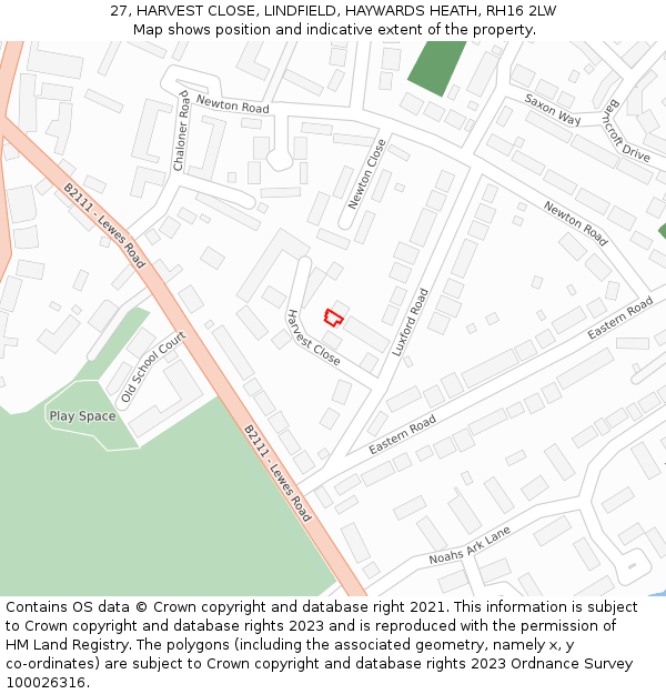 27, HARVEST CLOSE, LINDFIELD, HAYWARDS HEATH, RH16 2LW: Location map and indicative extent of plot