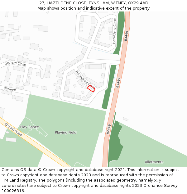 27, HAZELDENE CLOSE, EYNSHAM, WITNEY, OX29 4AD: Location map and indicative extent of plot