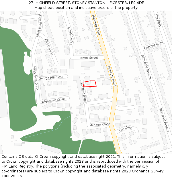 27, HIGHFIELD STREET, STONEY STANTON, LEICESTER, LE9 4DF: Location map and indicative extent of plot