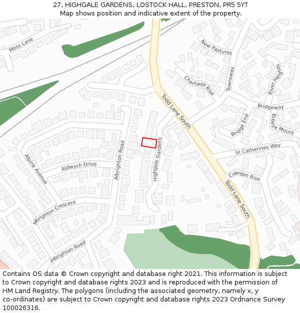 27, HIGHGALE GARDENS, LOSTOCK HALL, PRESTON, PR5 5YT: Location map and indicative extent of plot