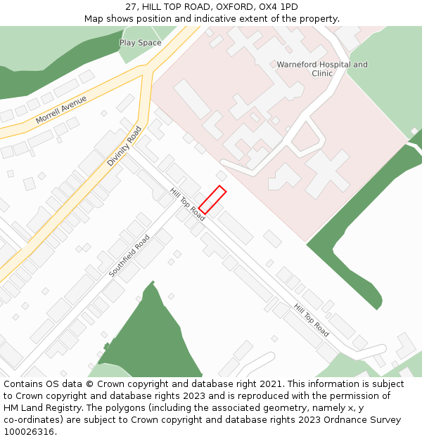 27, HILL TOP ROAD, OXFORD, OX4 1PD: Location map and indicative extent of plot