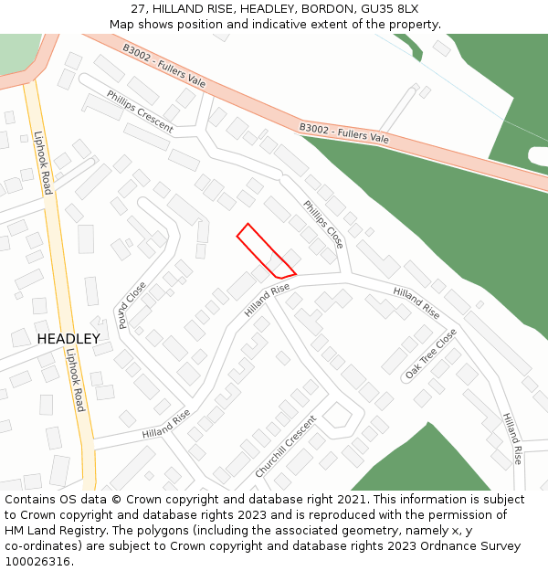 27, HILLAND RISE, HEADLEY, BORDON, GU35 8LX: Location map and indicative extent of plot