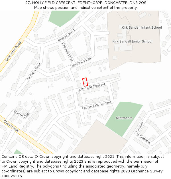 27, HOLLY FIELD CRESCENT, EDENTHORPE, DONCASTER, DN3 2QS: Location map and indicative extent of plot