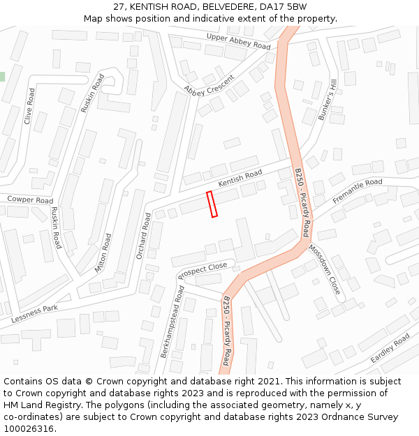 27, KENTISH ROAD, BELVEDERE, DA17 5BW: Location map and indicative extent of plot