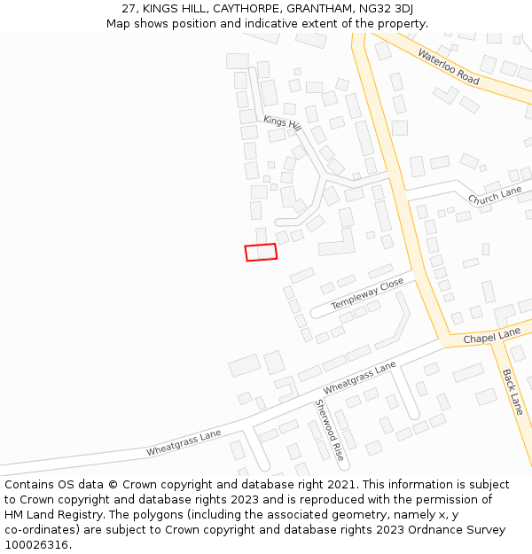 27, KINGS HILL, CAYTHORPE, GRANTHAM, NG32 3DJ: Location map and indicative extent of plot