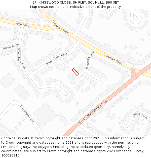 27, KINGSWOOD CLOSE, SHIRLEY, SOLIHULL, B90 3ET: Location map and indicative extent of plot