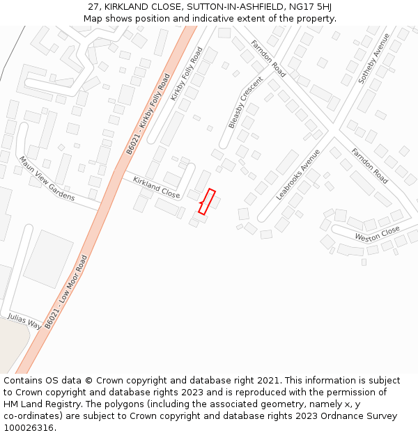 27, KIRKLAND CLOSE, SUTTON-IN-ASHFIELD, NG17 5HJ: Location map and indicative extent of plot