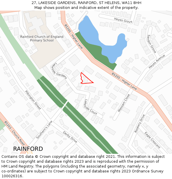 27, LAKESIDE GARDENS, RAINFORD, ST HELENS, WA11 8HH: Location map and indicative extent of plot