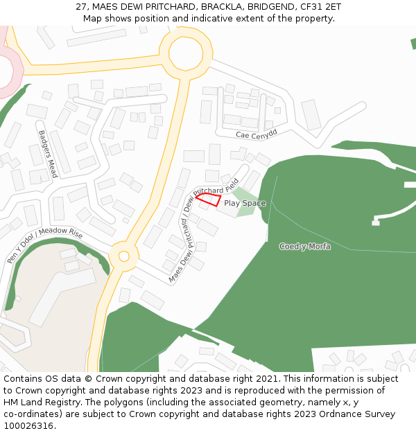 27, MAES DEWI PRITCHARD, BRACKLA, BRIDGEND, CF31 2ET: Location map and indicative extent of plot