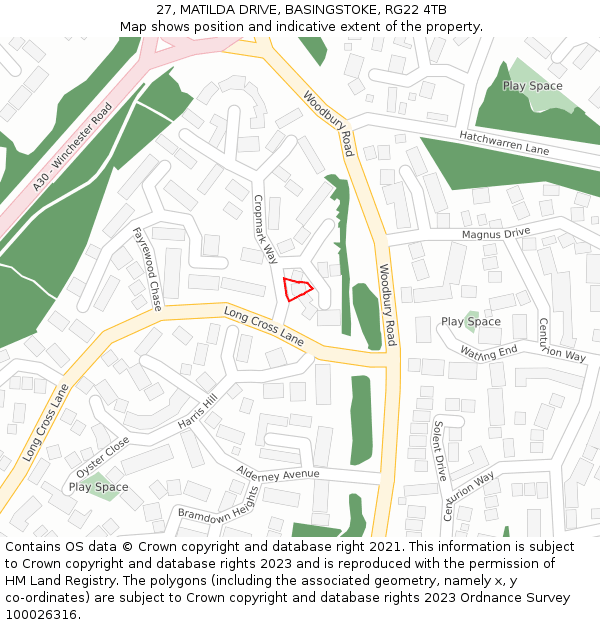 27, MATILDA DRIVE, BASINGSTOKE, RG22 4TB: Location map and indicative extent of plot