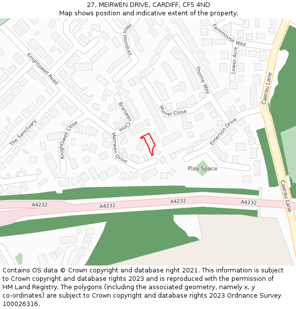 27, MEIRWEN DRIVE, CARDIFF, CF5 4ND: Location map and indicative extent of plot