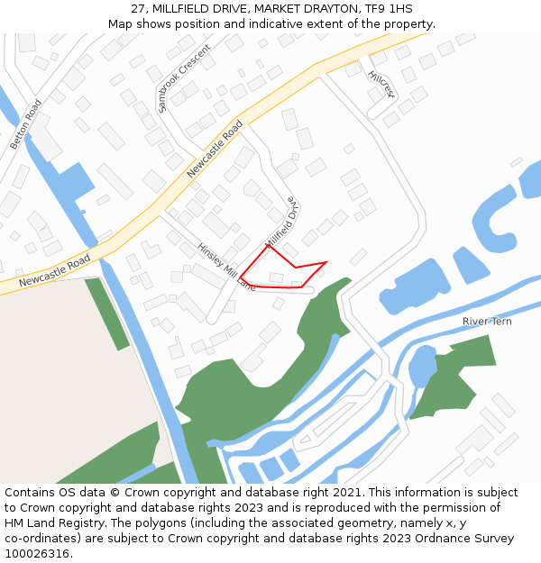 27, MILLFIELD DRIVE, MARKET DRAYTON, TF9 1HS: Location map and indicative extent of plot