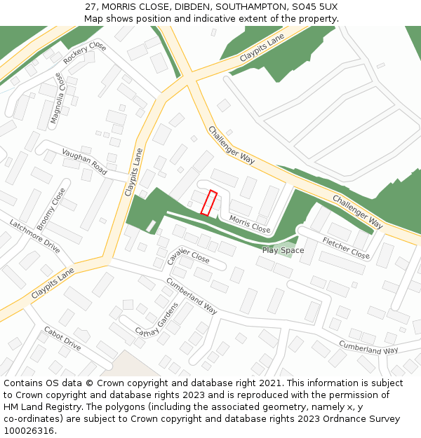 27, MORRIS CLOSE, DIBDEN, SOUTHAMPTON, SO45 5UX: Location map and indicative extent of plot