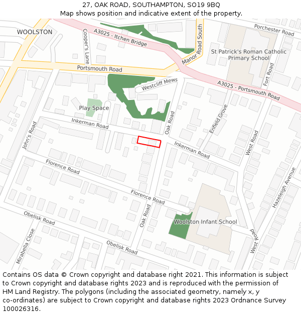 27, OAK ROAD, SOUTHAMPTON, SO19 9BQ: Location map and indicative extent of plot