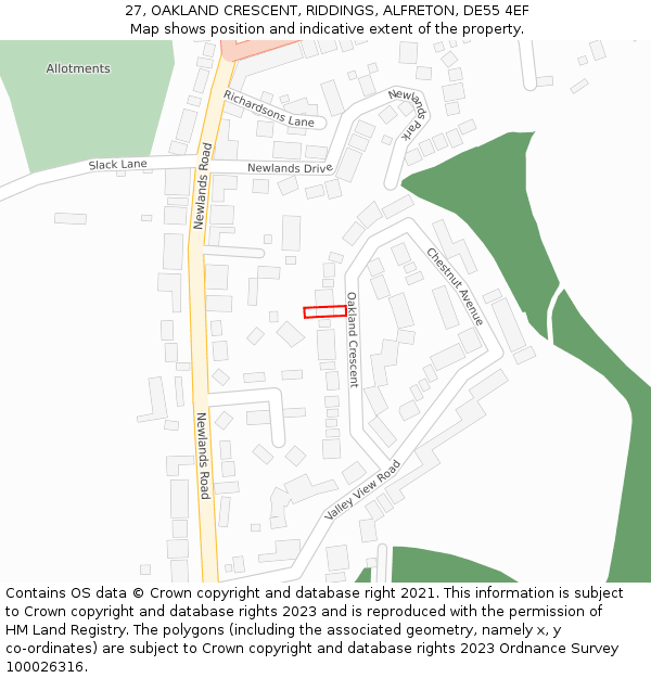 27, OAKLAND CRESCENT, RIDDINGS, ALFRETON, DE55 4EF: Location map and indicative extent of plot