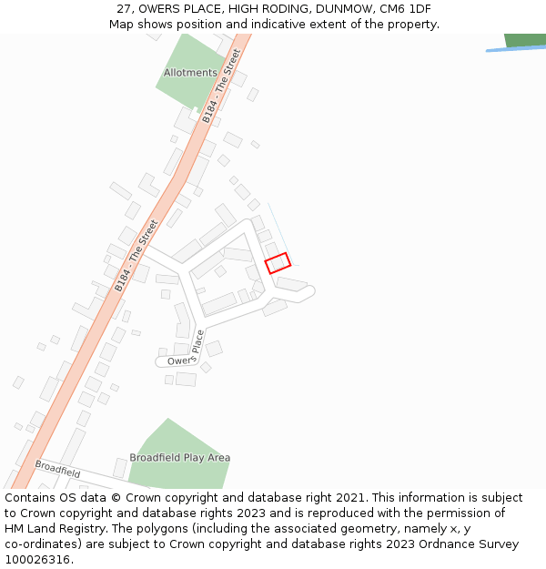 27, OWERS PLACE, HIGH RODING, DUNMOW, CM6 1DF: Location map and indicative extent of plot