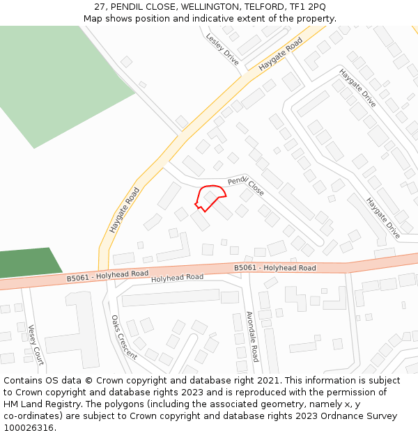 27, PENDIL CLOSE, WELLINGTON, TELFORD, TF1 2PQ: Location map and indicative extent of plot