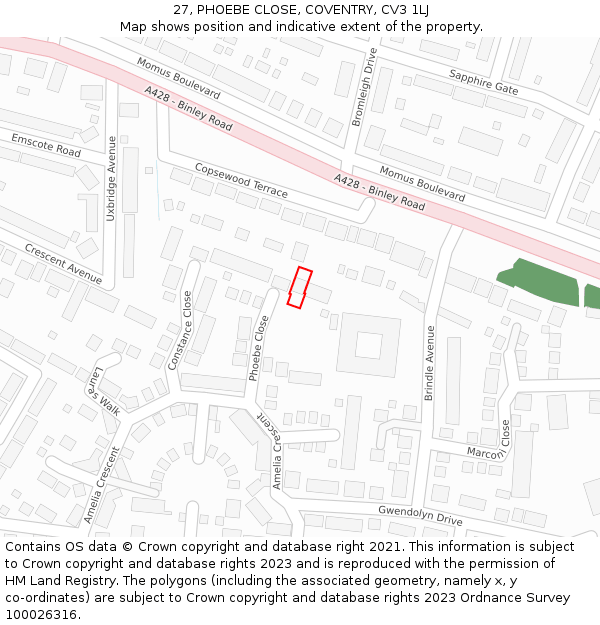 27, PHOEBE CLOSE, COVENTRY, CV3 1LJ: Location map and indicative extent of plot