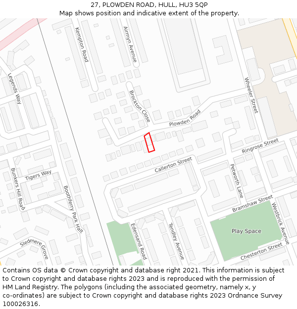 27, PLOWDEN ROAD, HULL, HU3 5QP: Location map and indicative extent of plot