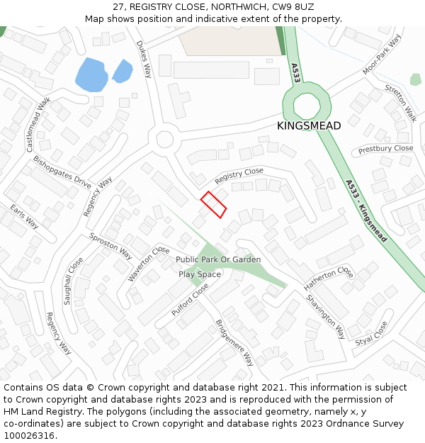 27, REGISTRY CLOSE, NORTHWICH, CW9 8UZ: Location map and indicative extent of plot