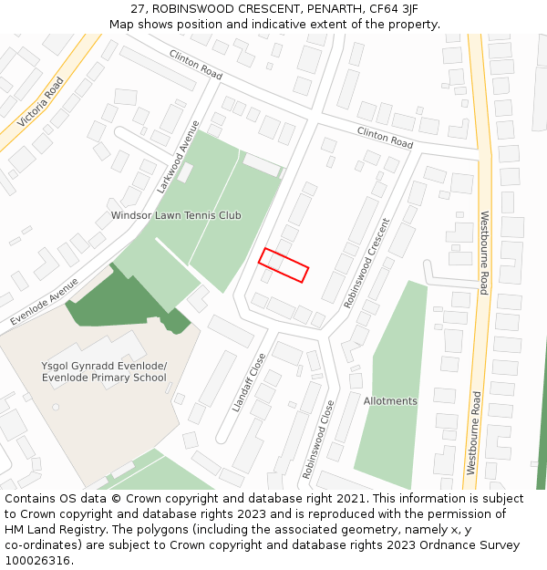 27, ROBINSWOOD CRESCENT, PENARTH, CF64 3JF: Location map and indicative extent of plot