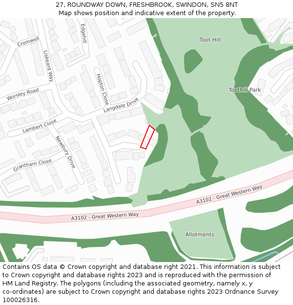 27, ROUNDWAY DOWN, FRESHBROOK, SWINDON, SN5 8NT: Location map and indicative extent of plot