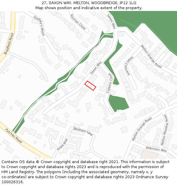 27, SAXON WAY, MELTON, WOODBRIDGE, IP12 1LG: Location map and indicative extent of plot