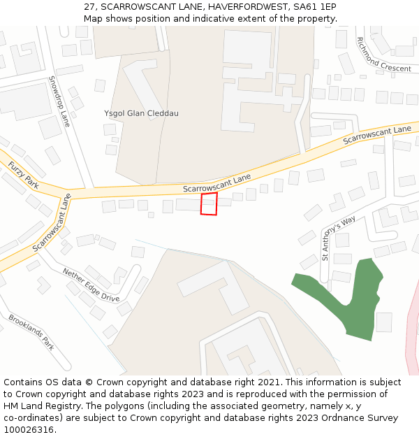 27, SCARROWSCANT LANE, HAVERFORDWEST, SA61 1EP: Location map and indicative extent of plot