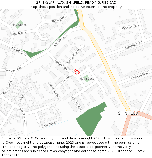 27, SKYLARK WAY, SHINFIELD, READING, RG2 9AD: Location map and indicative extent of plot