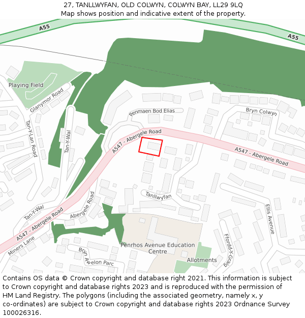 27, TANLLWYFAN, OLD COLWYN, COLWYN BAY, LL29 9LQ: Location map and indicative extent of plot