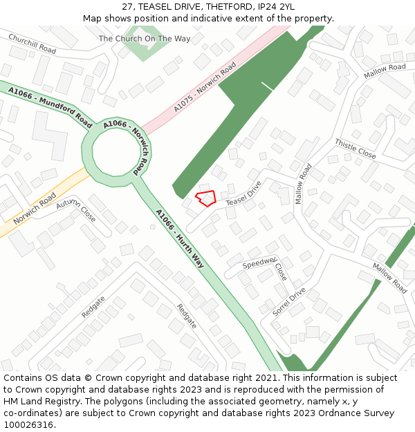 27, TEASEL DRIVE, THETFORD, IP24 2YL: Location map and indicative extent of plot