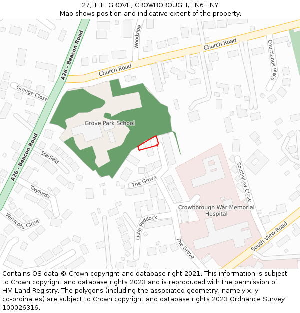 27, THE GROVE, CROWBOROUGH, TN6 1NY: Location map and indicative extent of plot