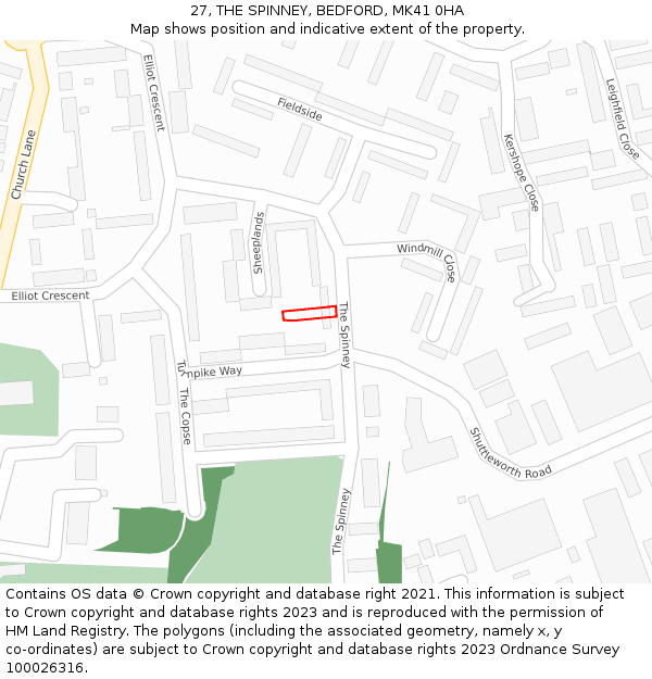 27, THE SPINNEY, BEDFORD, MK41 0HA: Location map and indicative extent of plot