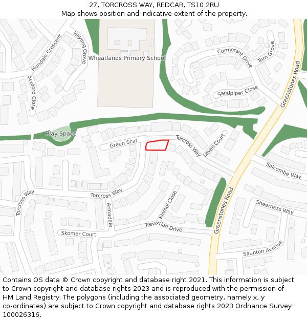 27, TORCROSS WAY, REDCAR, TS10 2RU: Location map and indicative extent of plot