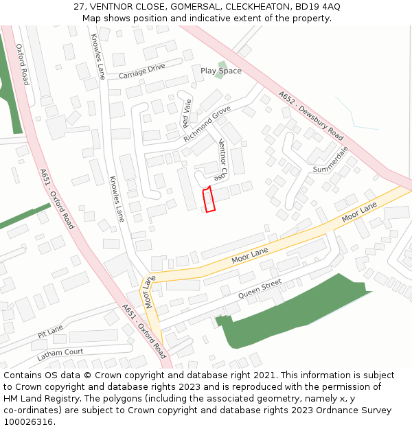 27, VENTNOR CLOSE, GOMERSAL, CLECKHEATON, BD19 4AQ: Location map and indicative extent of plot