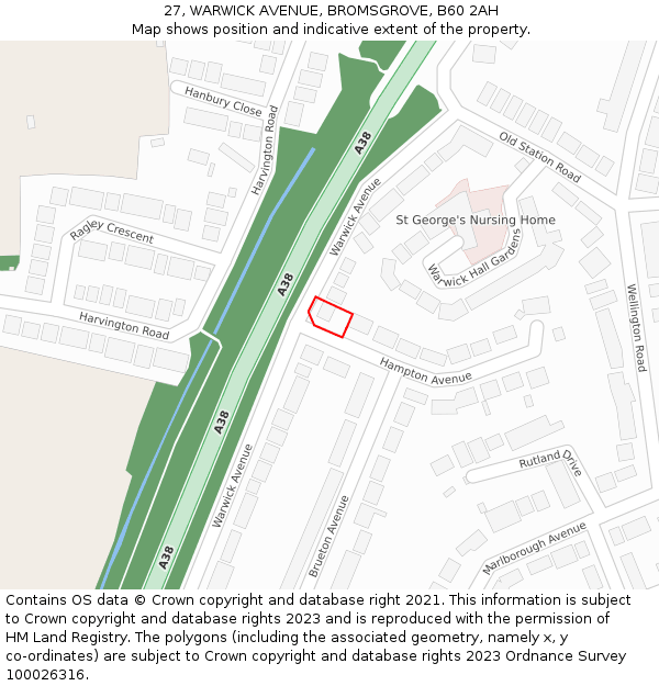 27, WARWICK AVENUE, BROMSGROVE, B60 2AH: Location map and indicative extent of plot