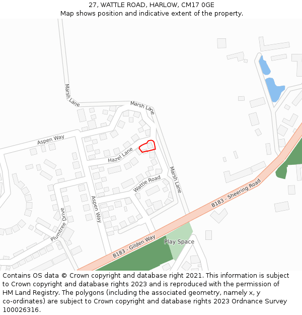 27, WATTLE ROAD, HARLOW, CM17 0GE: Location map and indicative extent of plot