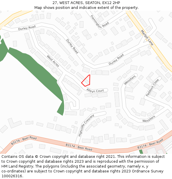 27, WEST ACRES, SEATON, EX12 2HP: Location map and indicative extent of plot